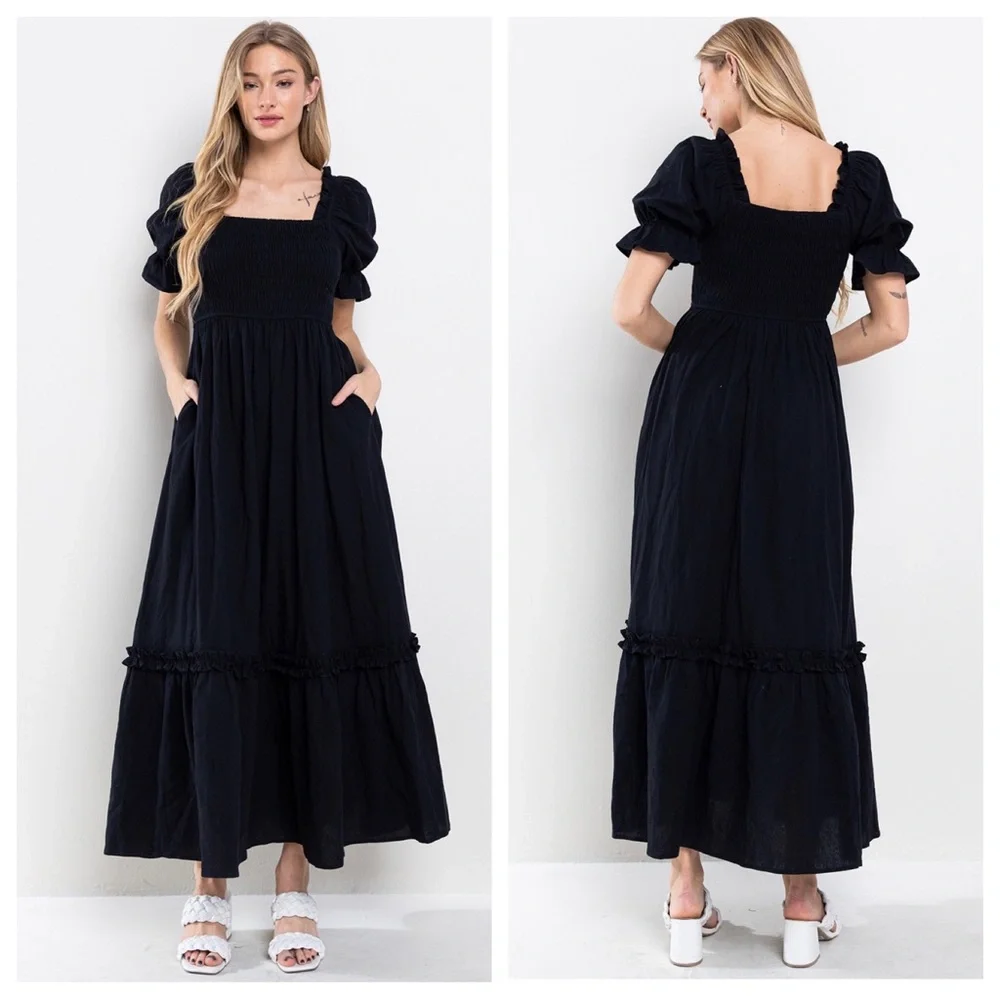 Boho Beautiful Linen Solid Smoking Detail Long Dress - Picture 3 of 5